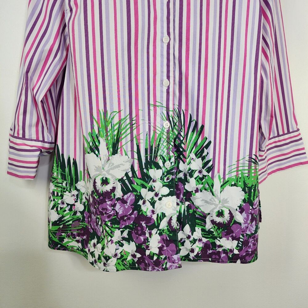 Denim & Co. Tunic Shirt XL Printed Button Front Flip Cuff Striped Purple A378276 - Picture 6 of 10